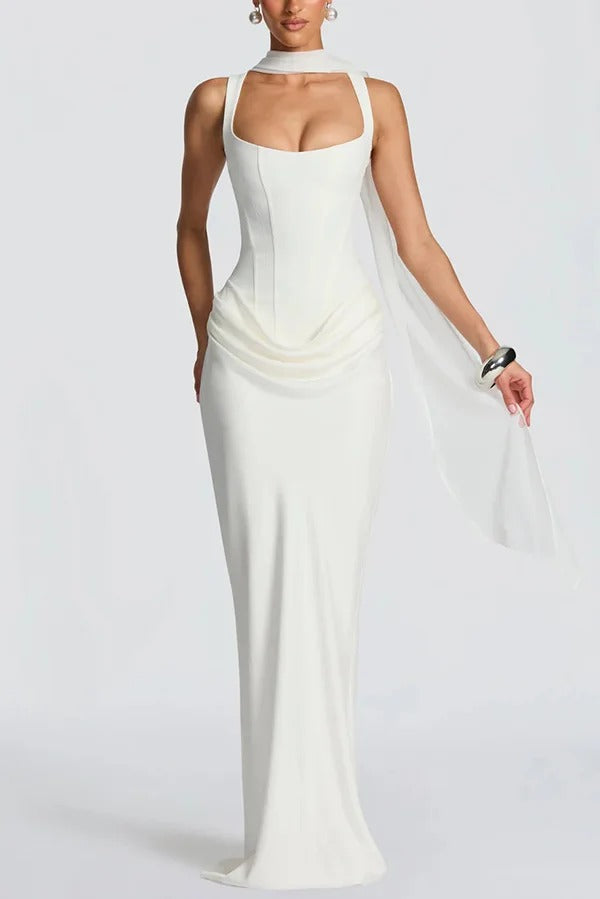 Larrah Square Neck Back Lace-up Satin Drape Hem Maxi Dress