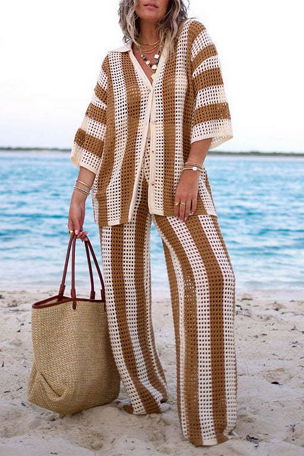 Knit Striped Pattern 3/4 Sleeve Blouse Wide Leg Pants Matching Set-Pink