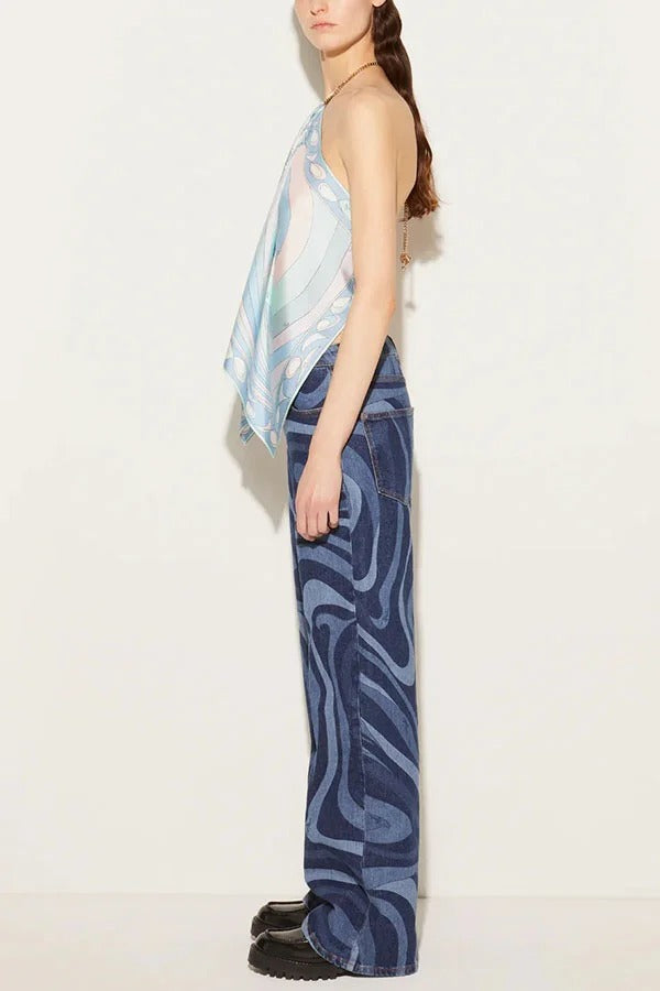 Artistic Girl Satin Unique Print Metal Chain Halter Draped Scarf Tank