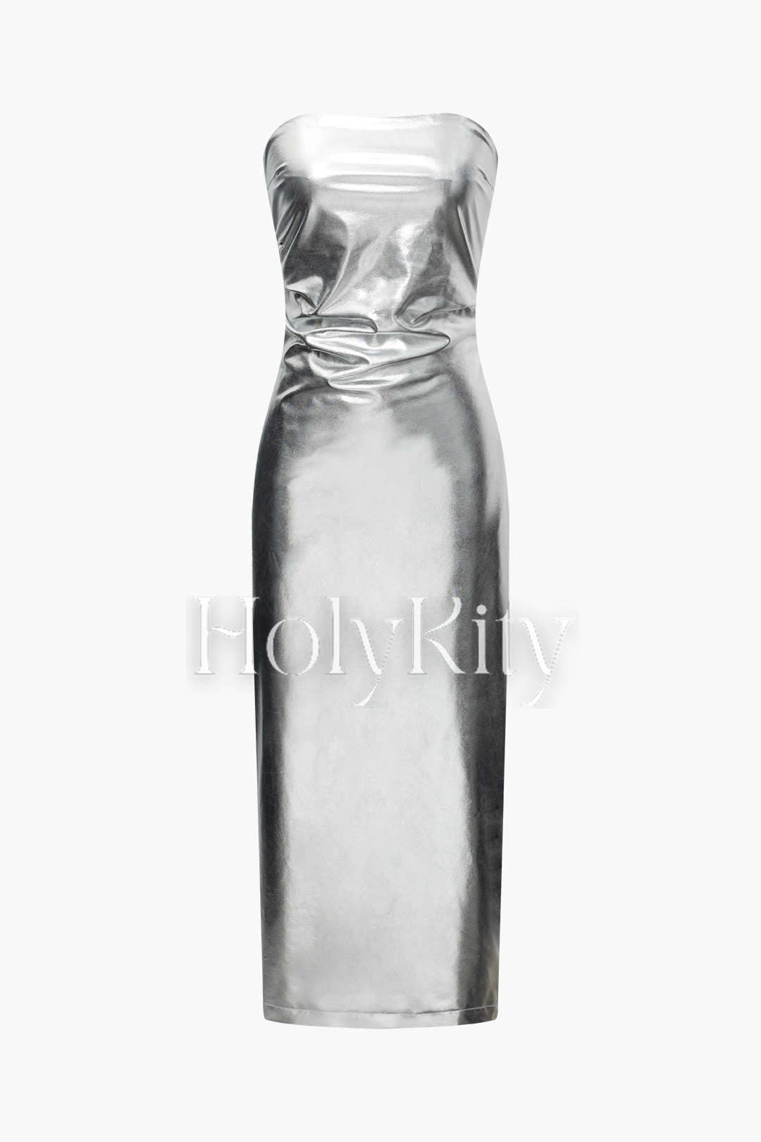 Metallic Back Slit Strapless Maxi Dress