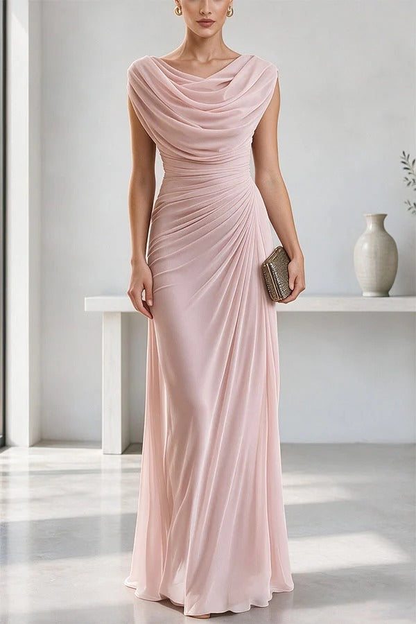 Good To Glow Ruched Chiffon Cowl Neck Drape Maxi Dress