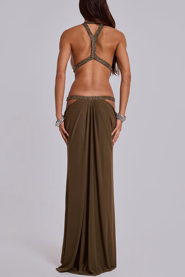 Khaki Hot-fix Rhinestone Shoulder Strap Cutout Design Backless Drape Maxi Dress