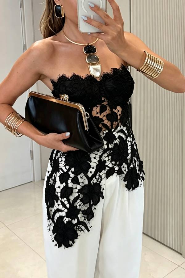 Floral Embroidered Lace Strapless Top