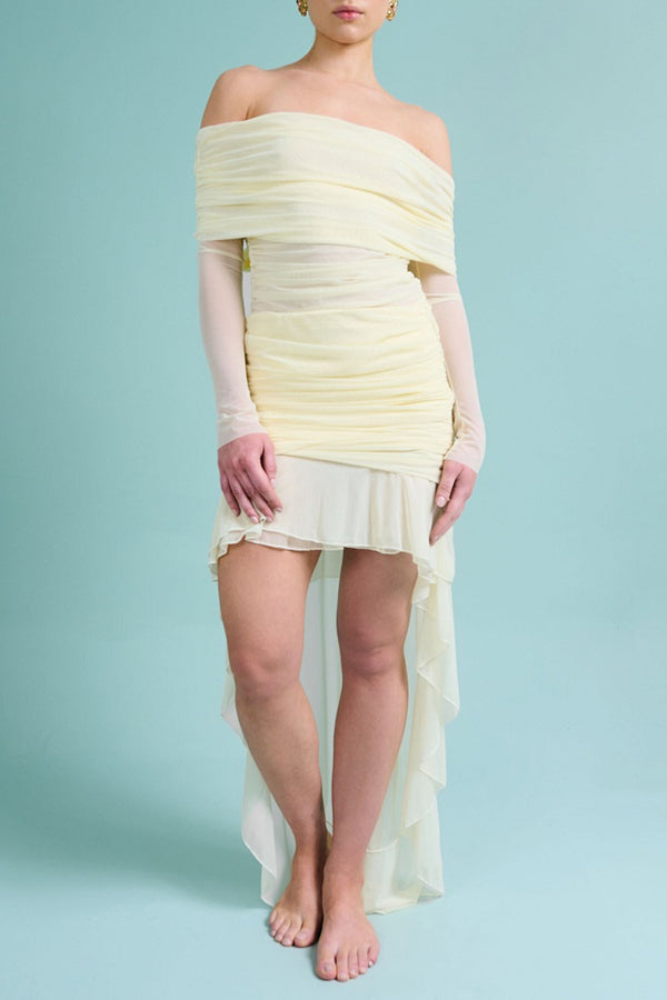 Off Shoulder Long Sleeve Ruched High-Low Maxi Dresses-Yellow [Pre Order]