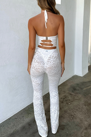 Jacquard Lace Halter Neck Lace Up Crop Top Slim Fit Pants Matching Set-White [Pre Order]