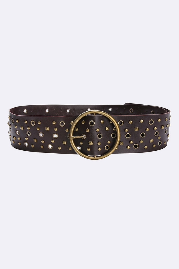 Studded Decor O-Ring Buckle PU Leather Retro Belt-Brown