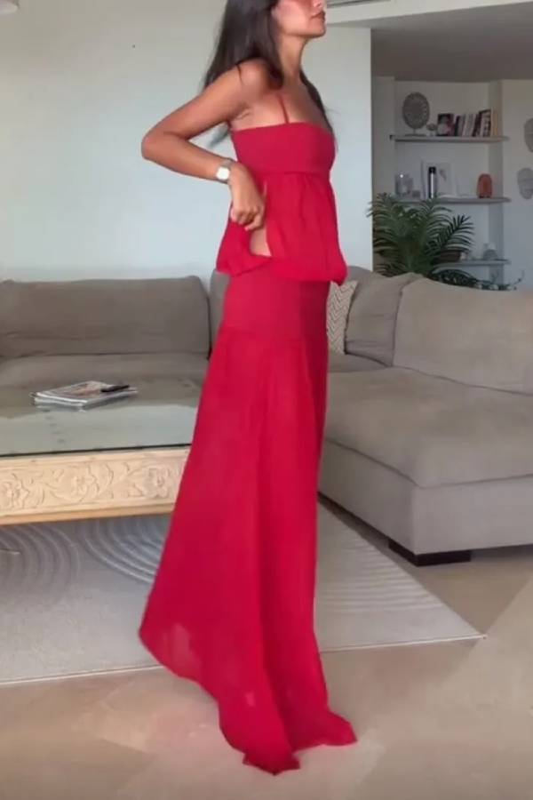 Red Strapless Spaghetti Strap Tiered Flowy Maxi Dress
