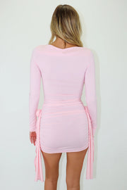 Solid Long Sleeve Round Neck Slim Fit Ribbon Flower Mini Dress