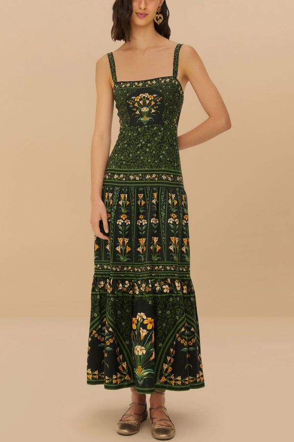 Tropical Look Linen Blend Floral Print Square Neck Back Smocked Midi Dress