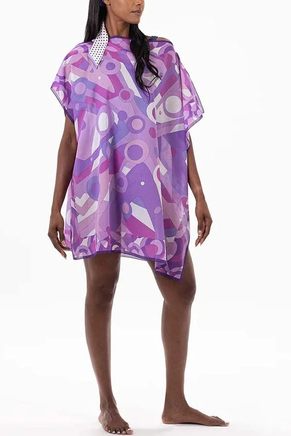 Colorful Circle Unique Print One Shoulder Button Detail Loose Cover-up Mini Dress
