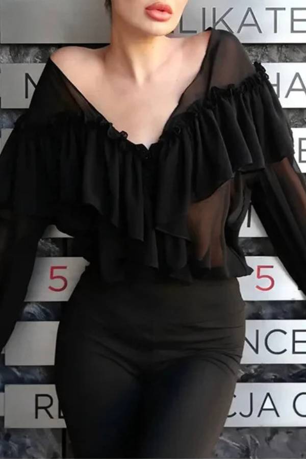 French Deep‑V Tiered Ruffle Sheer Chiffon Long‑Sleeve Blouse