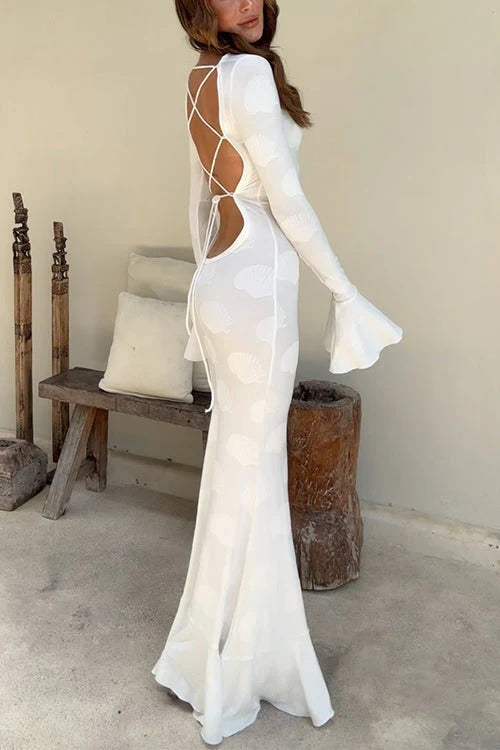 Bell Long Sleeves Backless Lace-up Shell Print Maxi Dress