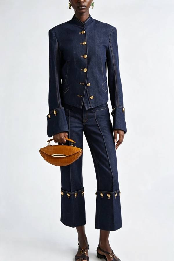 Cowgirl Club Denim High Rise Metal Buttons Flare Cropped Jeans