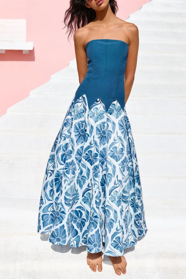 Dottie Colorblock Floral Print Drop Waist Gathered Strapless Maxi Dress