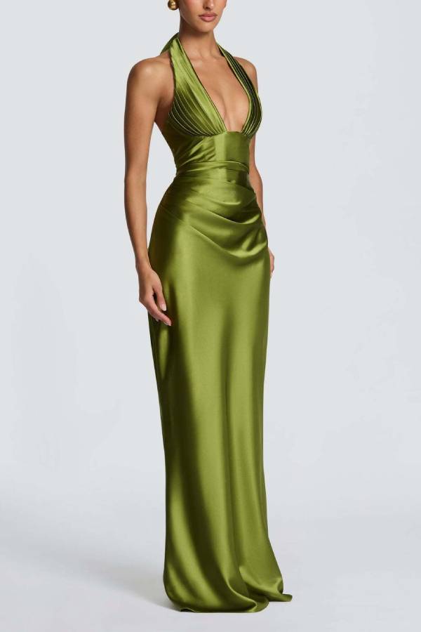 Deep V Halter Satin Waisted Mermaid Evening Gown