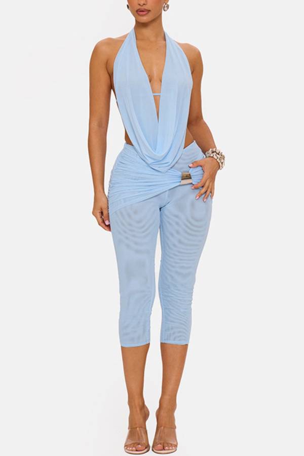 Halter Cowl Deep Cutout Twisted Mesh Capri Pants Hot Girl Co-ord Set