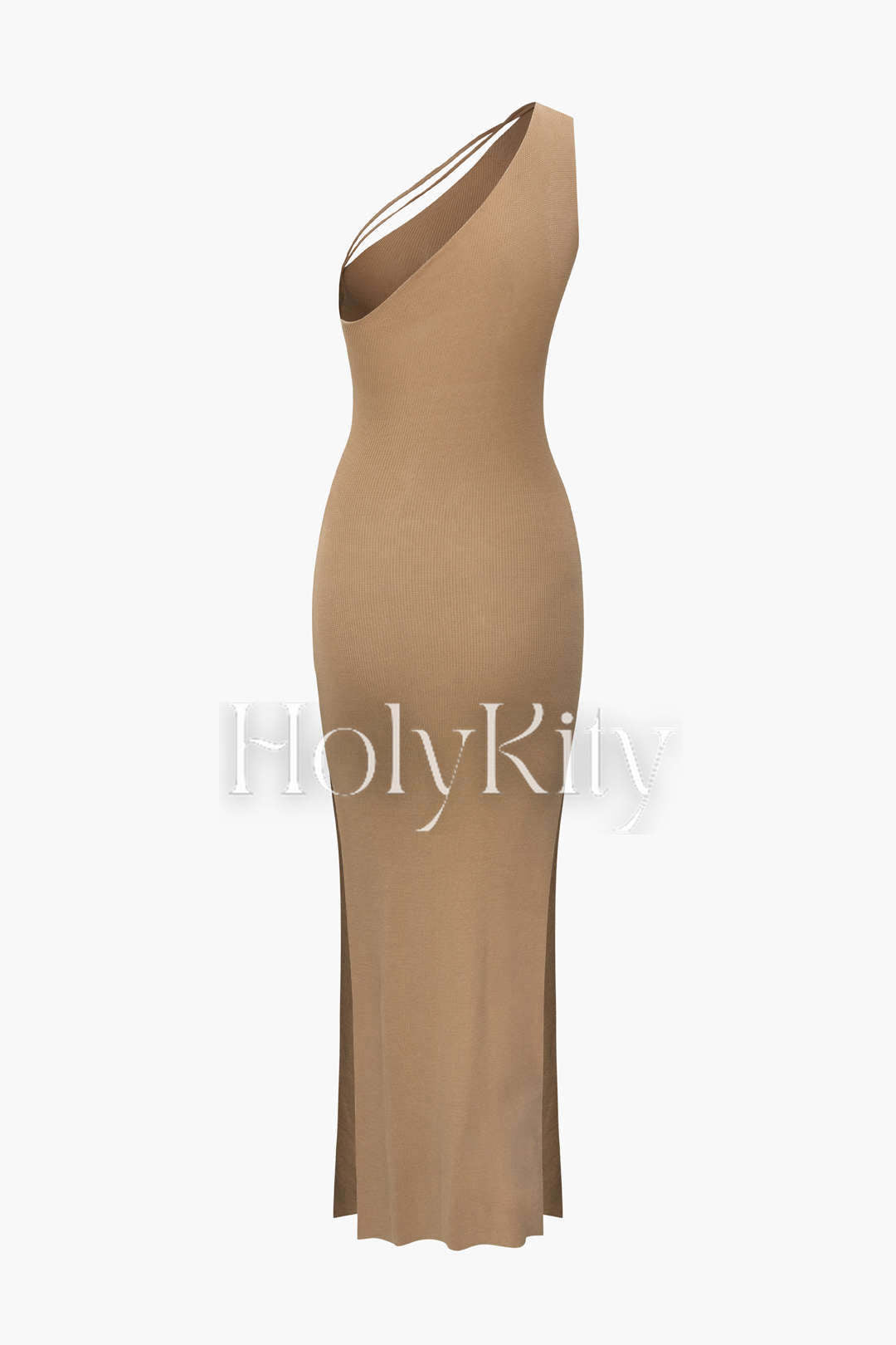 Maxikleid aus Strick mit One-Shoulder-Ausschnitt und seitlichem Schlitz 