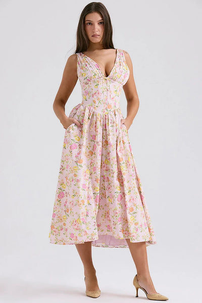 Sleeveless V Neck Cinch Waist Floral Print Midi Dresses