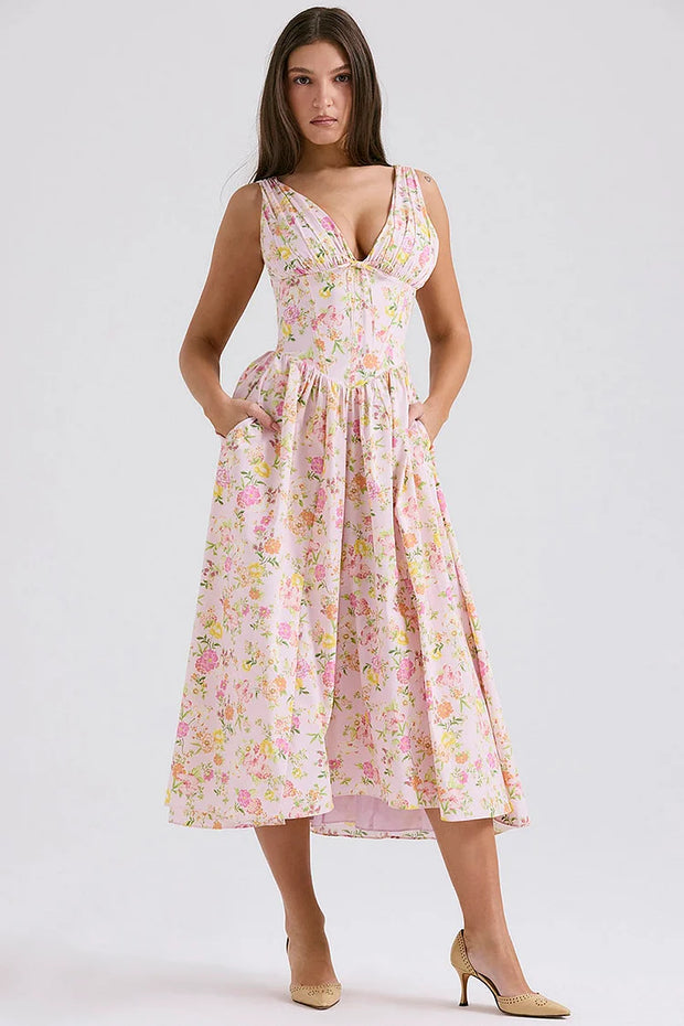 Sleeveless V Neck Cinch Waist Floral Print Midi Dresses