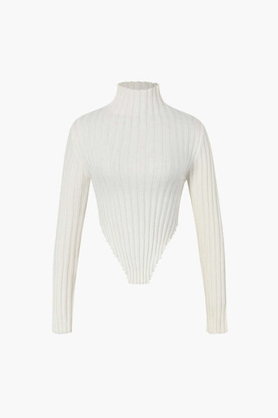 Asymmetric Lettuce Trim Knit Mock Neck Top