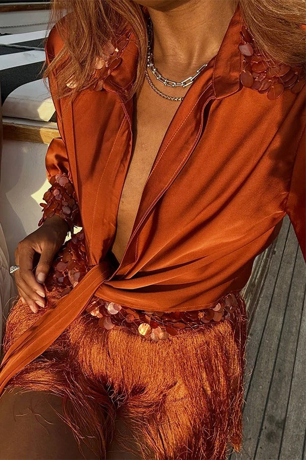 Velora Sequin Trim Wrap & Tie Satin Blouse