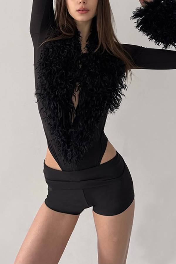 Fur Trim Deep V Slim Bodysuit