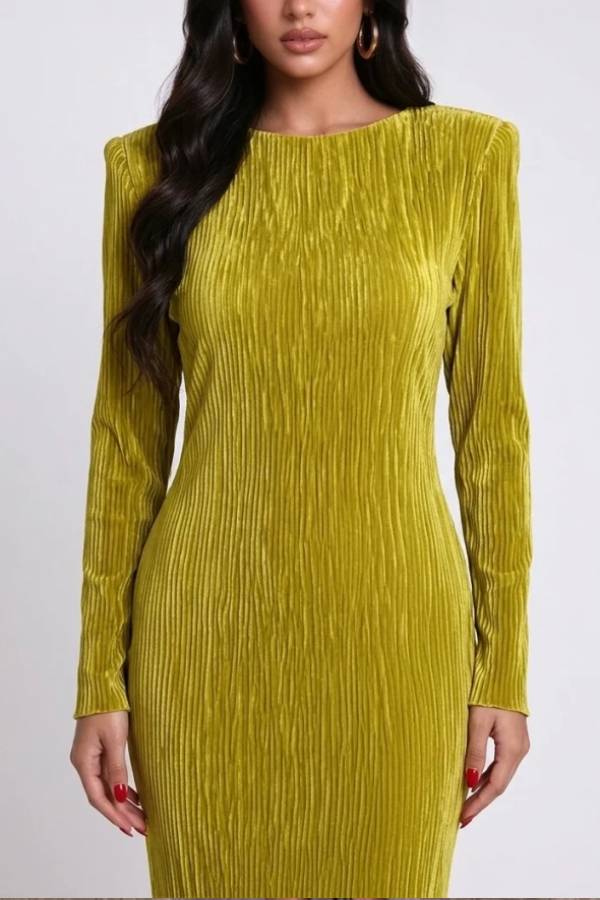 Long Sleeve Pleated High Low Dress with Sculptural Ruffle Hem