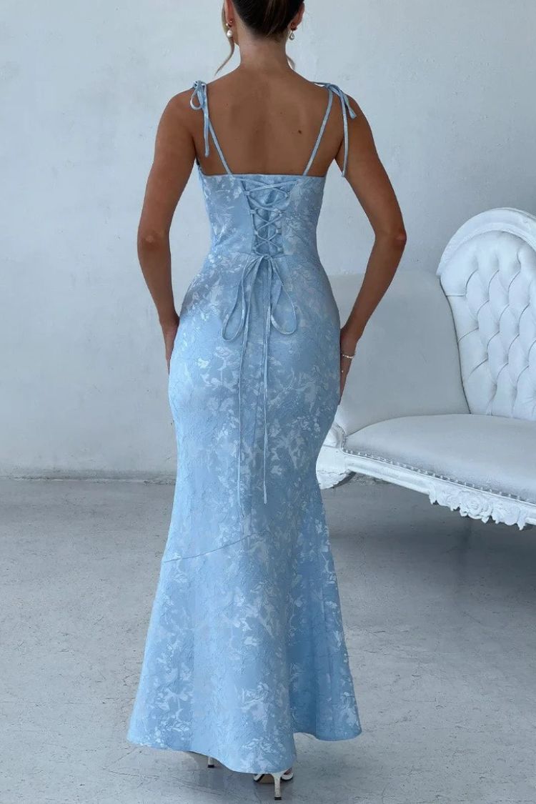 Jacquard Fabric Elegant Suspender Tie Slim Fishtail Maxi Dress