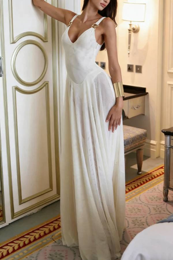 Solid Color V-neck Sleeveless Slim-fit Elegant Mesh Maxi Dress