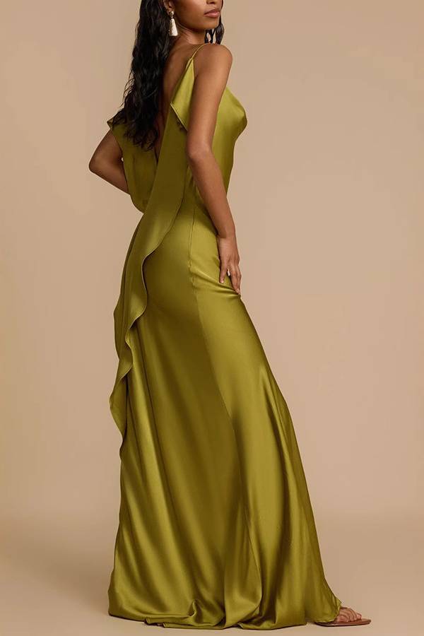 Satin Strappy Backless Slit Maxi Dress