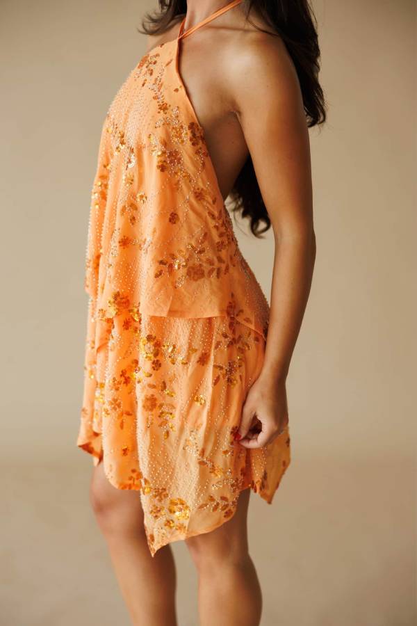 Orange Halter Sequin Beaded Tiered Backless Asymmetrical Hem Mini Dress
