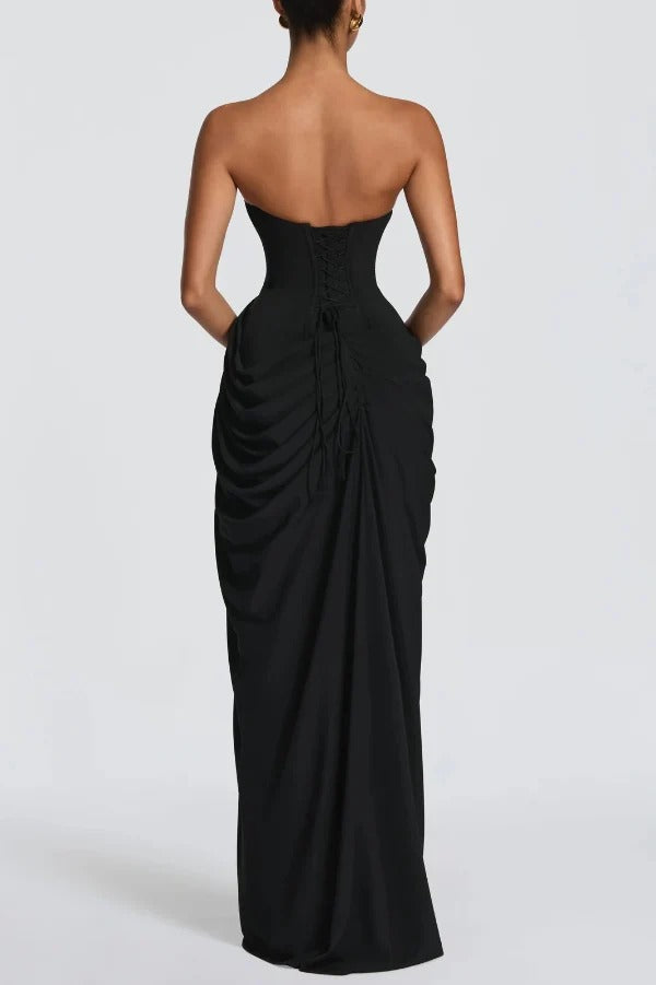 Cyra Chiffon Back Lace-up Asymmetrical Pleats Strapless Slit Maxi Dress