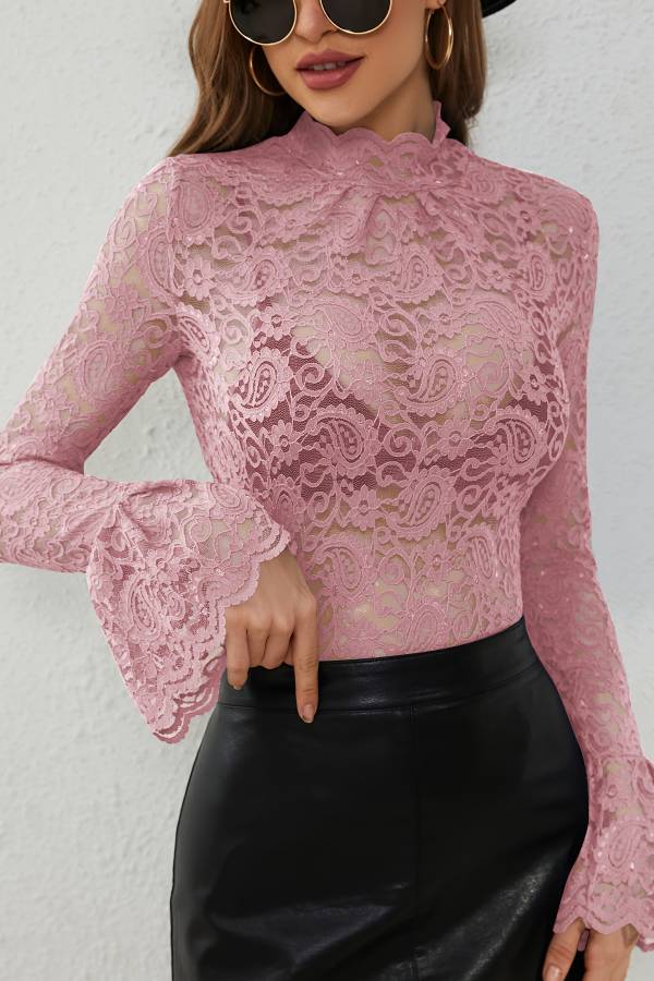 High-neck lace flared sleeves see-through top