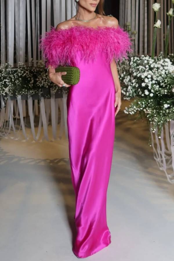 Feather Trim Off-the-Shoulder Satin Column Maxi Dress