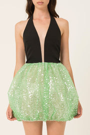Sleeveless Halter Sequin Puff Hem Tie Up Backless Mini Dresses