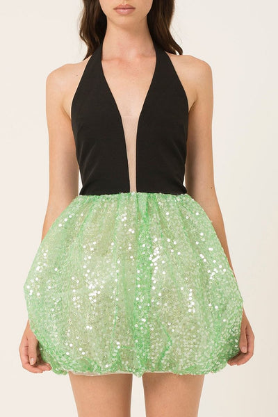 Sleeveless Halter Sequin Puff Hem Tie Up Backless Mini Dresses