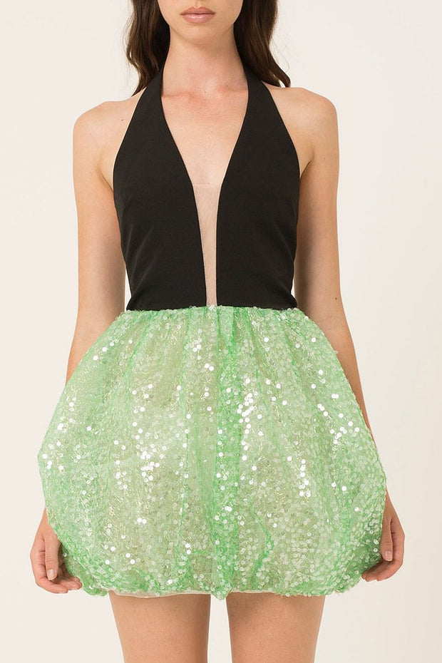 Sleeveless Halter Sequin Puff Hem Tie Up Backless Mini Dresses