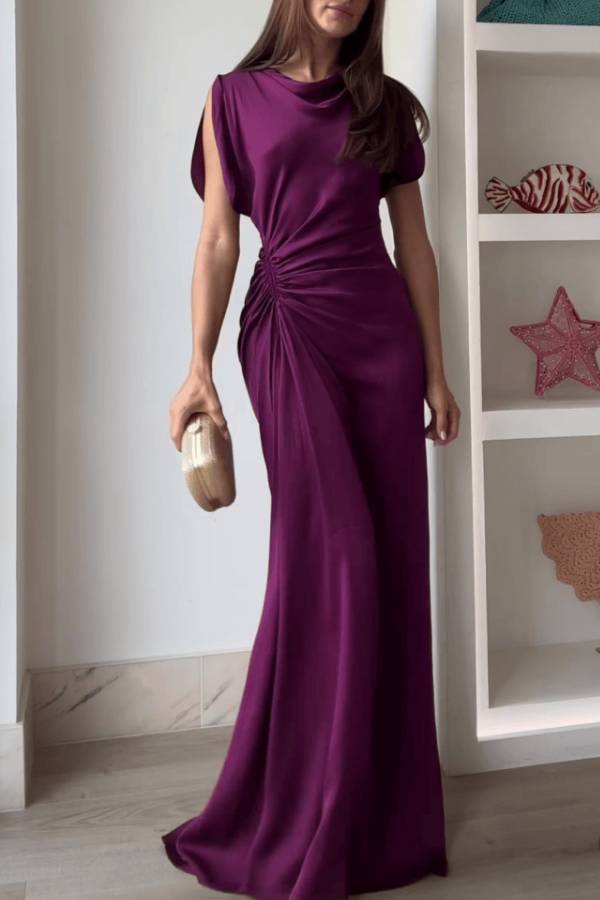 Draped Neck Ruched Satin Evening Gown