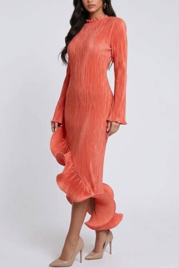 Long Sleeve Pleated High Low Dress with Sculptural Ruffle Hem