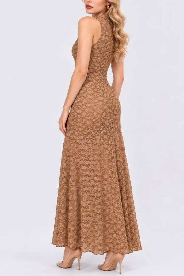 Sleeveless Crew Neck Lace Column Maxi Dress in Tan