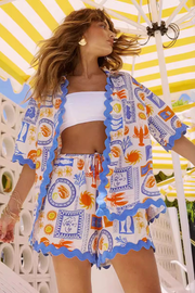 Vacation Mixed Prints Wavy Trim Half Sleeve Blouse Shorts Matching Set-Blue