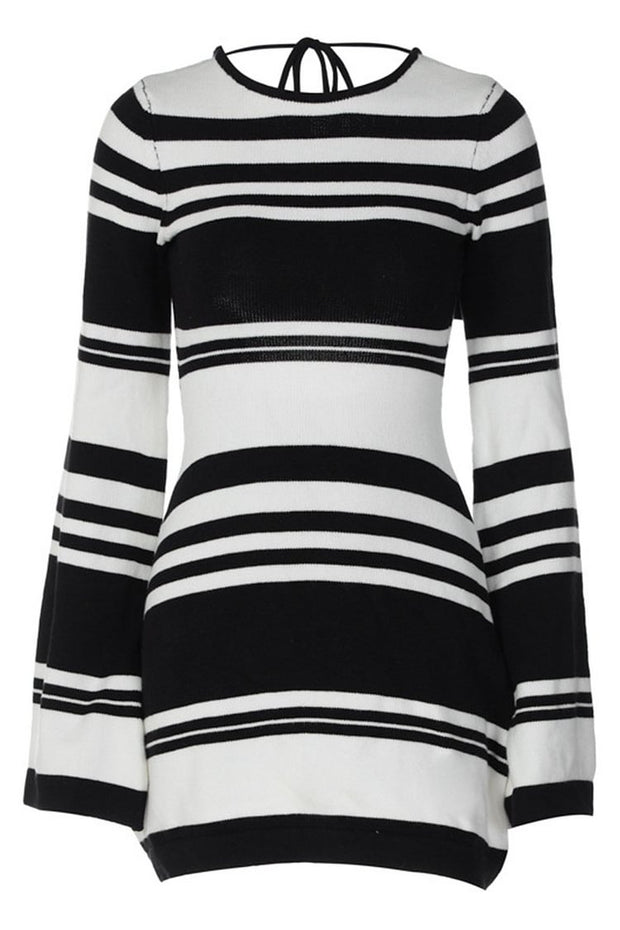 STRIPED LONG FLARE SLEEVE BACKLESS VACATION MINI DRESSES