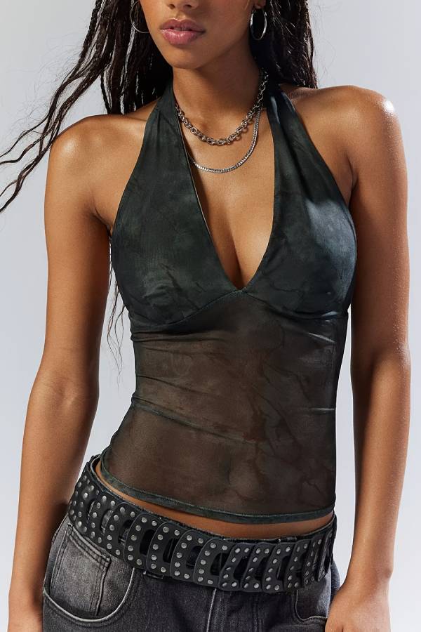 Vintage Print Mesh Halter Spicy Cropped Top