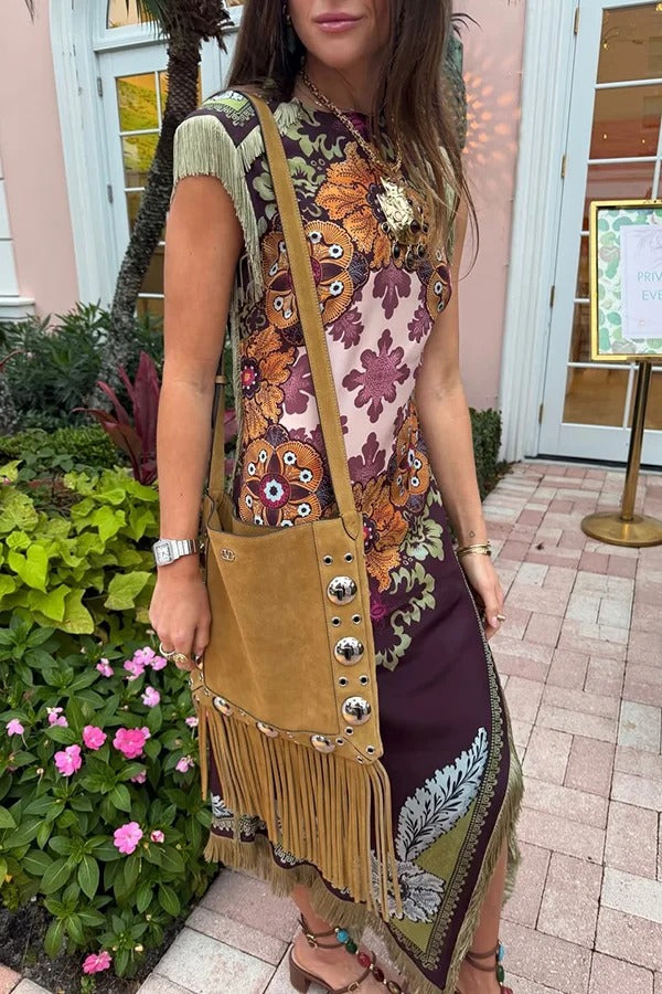 Bohemian Style Floral Print Tassel Trim Irregular Hem Slit Scarf Midi Dress
