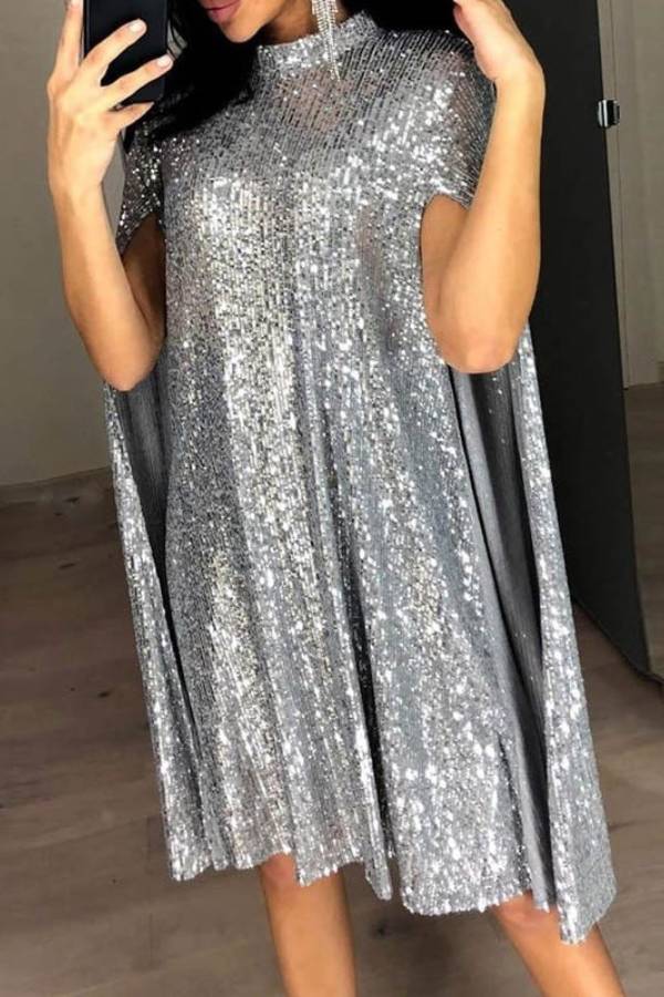 Sequined Cape Turtleneck Party Dress