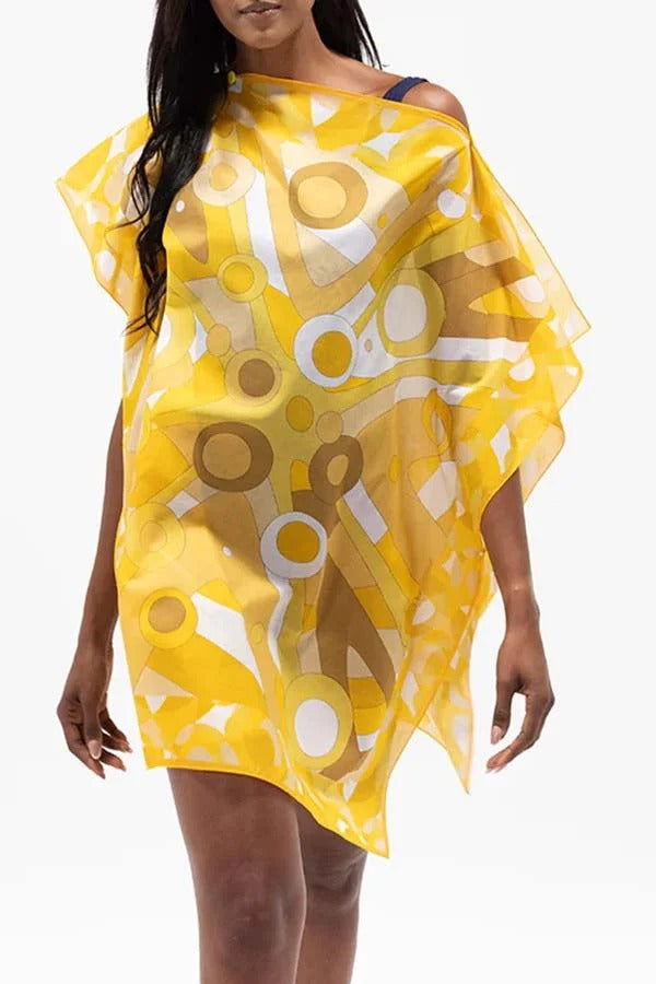 Colorful Circle Unique Print One Shoulder Button Detail Loose Cover-up Mini Dress