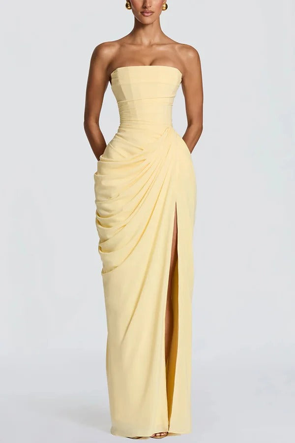 Cyra Chiffon Back Lace-up Asymmetrical Pleats Strapless Slit Maxi Dress