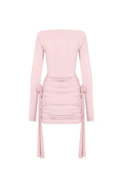 Solid Long Sleeve Round Neck Slim Fit Ribbon Flower Mini Dress