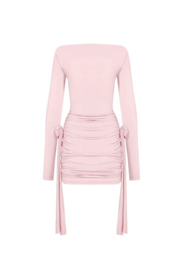Solid Long Sleeve Round Neck Slim Fit Ribbon Flower Mini Dress