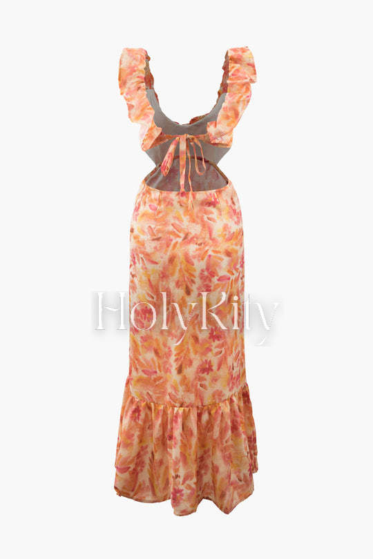 Maxikleid mit Blumenmuster, V-Ausschnitt, Rüschen und Bindeband hinten 